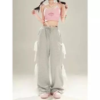 Женские серые кружевные брюки на шнуровке, винтажные Y2k Harajuku, эстетические спортивные штаны 90-х годов, широкие брюки с высокой талией в стиле ретро, одежда 2000-х 2024 г. S серый