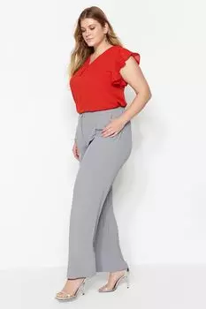 Женские серые меланжевые плиссированные тканые брюки больших размеров с высокой талией