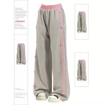 Женские серые мешковатые брюки с бантом, винтажные спортивные штаны Harajuku Y2k, эстетические полосатые брюки оверсайз, широкие брюки, одежда 2000-х годов, 2024 г. S серый