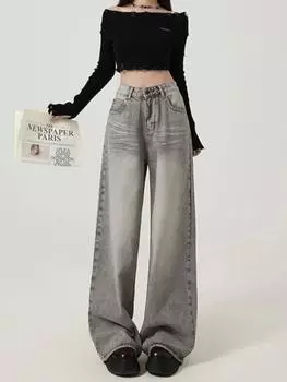 Женские серые мешковатые джинсы Harajuku Эстетическая уличная одежда Джинсовые брюки больших размеров Y2k Широкие джинсовые брюки Винтаж 2000-х годов Повседневная одежда XS серый