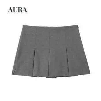 Женские серые плиссированные шорты, винтажные черные юбки с высокой талией и боковой молнией, женские мини-шорты Mujer