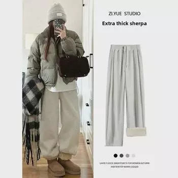 Женские серые спортивные брюки из овчины - осень/зима 2025, свободный крой, широкие штанины, бархат, утолщенные, длина до щиколотки. Medium