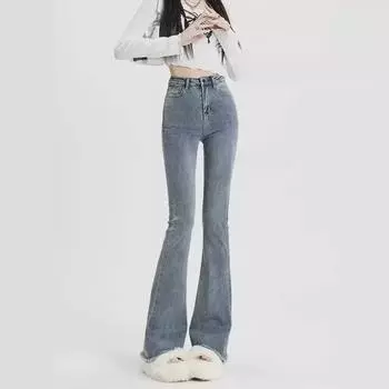 Женские серые узкие расклешенные джинсы с высокой талией и необработанным краем - весна/осень 2024 г. XS синий