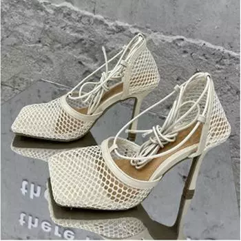 Женские сетчатые босоножки на высоком каблуке, туфли-лодочки, летние 2024 г., сексуальные римские туфли с ремешками и полыми ремешками, новые босоножки с открытым носком, размер 35-43, Sandalias Mujer 35 чёрный