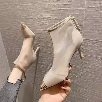 Женские сетчатые босоножки на высоком каблуке, весенние, новые модные, с острым носком, на тонком каблуке, с противоскользящей подошвой, износостойкие босоножки из сетки 38 бежевый