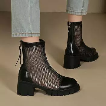 Женские сетчатые ботильоны на высоком каблуке, повседневные осенние сапоги в стиле вестерн, ковбойские сапоги до середины икры, короткие казачьи сапоги на высоком каблуке, полые сапоги 35 чёрный