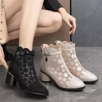 Женские сетчатые ботинки с застежкой-молнией сзади, дышащая обувь, летняя мода, элегантные, со стразами, удобные, вечерние, высокие каблуки, Bota Para Mujer 35 золотой