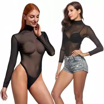 Женские сетчатые цельные облегающие боди с длинными рукавами, прозрачные топы-боди S