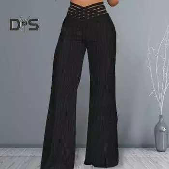 Женские сетчатые длинные брюки с высокой талией, прямые, широкие, с текстурой волн, однотонные повседневные брюки в уличном стиле L чёрный