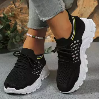 Женские сетчатые дышащие кроссовки для бега - Модные универсальные легкие износостойкие кроссовки с толстой подошвой, низким верхом и шнуровкой. 36 чёрный