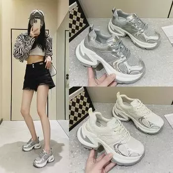 Женские сетчатые дышащие туфли для пап, увеличивающие рост — новинка 2025 года, повседневный спортивный стиль с толстой подошвой 35