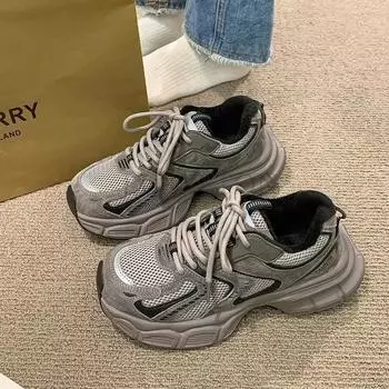 Женские сетчатые новые плюшевые туфли для папы на толстой подошве, дышащие, удобные, увеличивающие рост, спортивная обувь, модная и модная повседневная обувь 35 серый