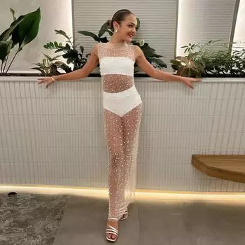 Женские сетчатые прозрачные сексуальные длинные платья со сборками S белый