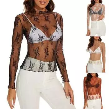 Женские сетчатые прозрачные топы, сексуальная рубашка с высоким воротником и длинным рукавом, приталенная рубашка с защитой от солнца XL абрикосовый