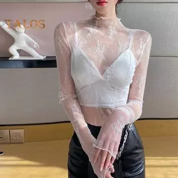 Женские сетчатые прозрачные топы, сексуальные, с высоким воротником и длинными рукавами, приталенная солнцезащитная рубашка, прозрачная летняя блузка L