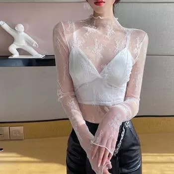 Женские сетчатые прозрачные топы, сексуальный полувысокий воротник с длинным рукавом, облегающий крой, защита от солнца XL абрикосовый