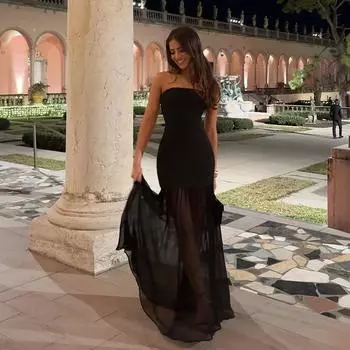 Женские сетчатые сращивания с высокой открытой вилкой, элегантные бюстье, темперамент знаменитостей, плиссированные, тонкие, сексуальные платья S чёрный