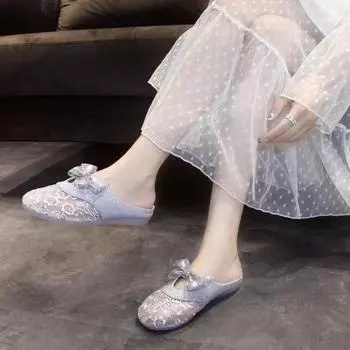 Женские сетчатые тапочки с пайетками, уличные ретро-слайды для девочек, летние мюли на плоской подошве, женские блестящие туфли с бантом, милые сандалии 35