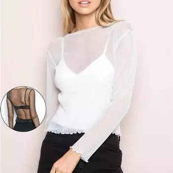 Женские сетчатые топы с длинными рукавами, сексуальные прозрачные футболки с круглым вырезом, вечерние клубные ночные блестящие рубашки, блузки M серебряный