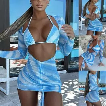 Женские сетчатые три комплекта сексуального бикини на шнурке с накладкой на грудь без стального бюстгальтера Купальник S синий