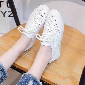 Женские сетчатые туфли на плоской подошве, летние белые туфли, женские дышащие повседневные кроссовки, студенческая полые вулканизированные туфли 35