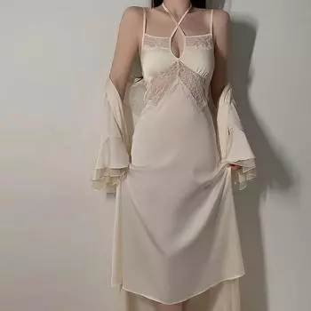 Женские сексуальные атласные ночные рубашки с сетчатыми перспективами, ночные рубашки с порно-стрингами, свисающие на шее, полые груди, удобная одежда для отдыха one size