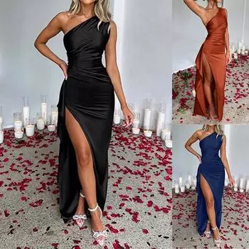 Женские сексуальные атласные платья на одно плечо с высоким разрезом, коктейльное свадебное платье макси, женское элегантное свадебное платье с пайетками S синий