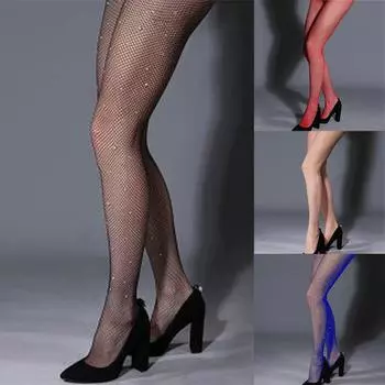 Женские сексуальные блестящие чулки с бриллиантами, полые сетчатые кружевные колготки one size чёрный