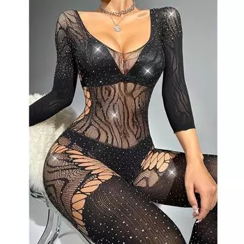 Женские сексуальные боди Y2K, стразы, длинный рукав, сетчатый прозрачный боди, эротический костюм, женский полый бриллиантовый боди-чулок XXS