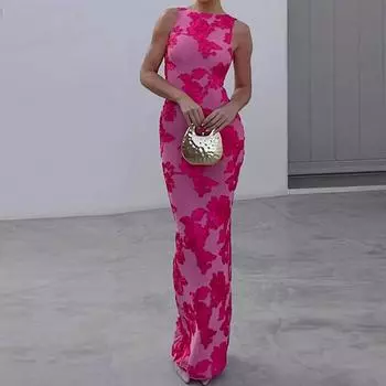 Женские сексуальные цветочные вышивки с круглым вырезом платья на бретельках без спинки без рукавов длиной до пола облегающее вечернее платье S розы красного