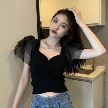 Женские сексуальные футболки с рукавами из кружева и пузырьками для девочек, топы Y2K, модные вечерние наряды для женщин, повседневные футболки M чёрный