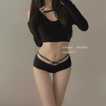 Женские сексуальные хлопковые трусы с заниженной талией и перекрестными бретелями M (80-100 jin) чёрный