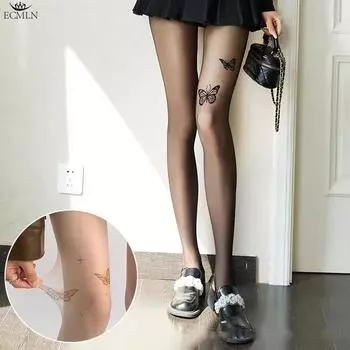 Женские сексуальные колготки, чулки, леггинсы, ультратонкие шелковые чулки с принтом бабочки, женские колготки с рисунком, чулки One size чёрный