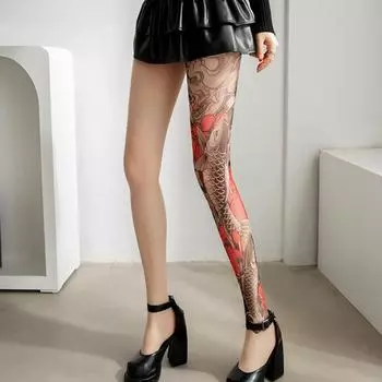 Женские сексуальные колготки с принтом, колготки с имитацией татуировки и пиона, женские сетчатые леггинсы с перспективой, нейлоновые носки A4