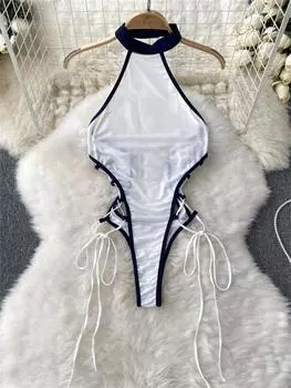 Женские сексуальные комбинезоны с лямкой на шее, модные прозрачные боди со шнуровкой и тонкими открытыми летними комбинезонами One Size белый