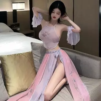 Женские сексуальные костюмы ханьфу, традиционное платье, эротическое белье, нижнее белье, юбка, Lenceria Para Damas, ночная рубашка фиолетового цвета, наряд One Size