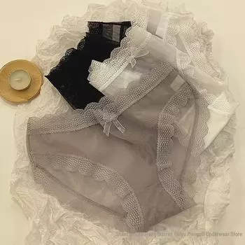 Женские сексуальные кружевные бесшовные прозрачные трусы с низкой талией L чёрный