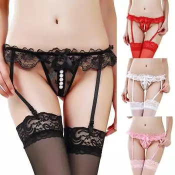 Женские сексуальные кружевные чулки с бантом из искусственного жемчуга и открытой промежностью, подтяжки, подвязки