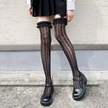 Женские сексуальные кружевные чулки-сетка с сердечками до бедра, косплей горничной, лолита, чулки-сетка, длинные носки One Size