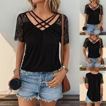 Женские сексуальные кружевные летние топы с v-образным вырезом и короткими рукавами, женская повседневная футболка, блузка, футболка S чёрный