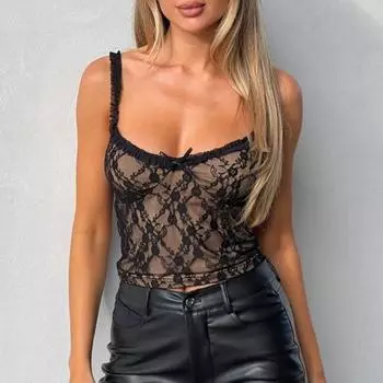Женские сексуальные кружевные майки-слинги с низкой талией без рукавов, короткие топы, однотонные прозрачные кружевные майки с вышивкой S чёрный