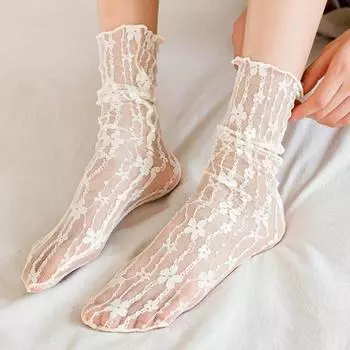 Женские сексуальные кружевные модные ультратонкие прозрачные летние носки в японском стиле с сетчатыми носками Harajuku, длинные кавайные носки в стиле ретро бежевый