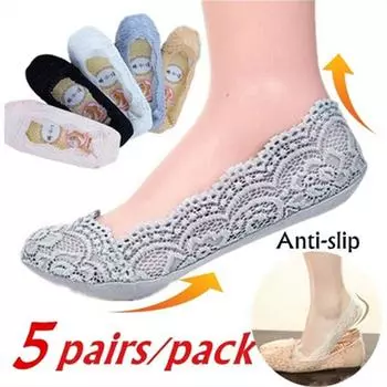 Женские сексуальные кружевные носки-лодочки, модные хлопковые невидимые нескользящие носки для девочек, размер: 5/2 пары