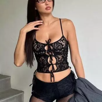 Женские сексуальные кружевные топы-майки с прозрачным верхом S чёрный