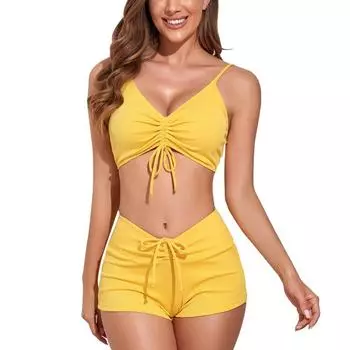 Женские сексуальные купальники-бикини из 2 предметов, однотонный бюстгальтер на шнурке с шортами для мальчиков, летний купальный костюм, пляжная одежда XL