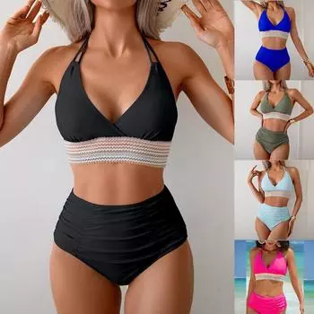 Женские сексуальные купальники Push Up, комплект бикини из двух частей, купальный костюм с открытой спиной и бретелькой через шею S чёрный