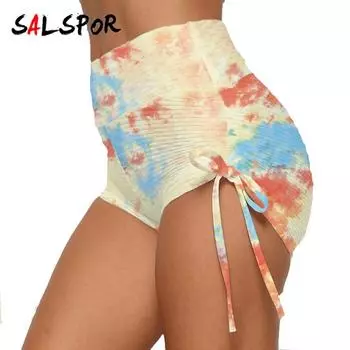 Женские сексуальные леггинсы для йоги с высокой талией и принтом на шнуровке, шорты для фитнеса