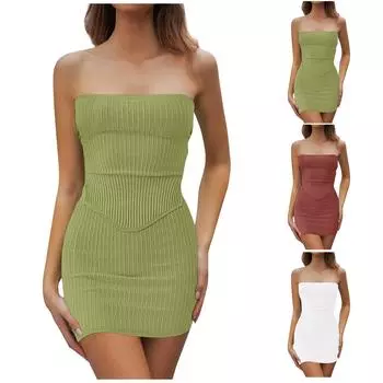 Женские сексуальные летние комплекты из двух предметов, укороченные топы-бандо на выход, облегающая юбка, комплекты платьев L зелёный