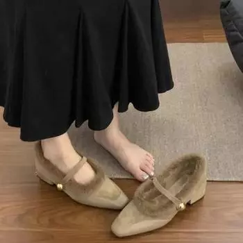 Женские сексуальные меховые туфли на среднем каблуке, новые туфли-лодочки с квадратным носком, осень-зима, толстый каблук, вечернее платье, плюшевые мокасины с пряжкой, Tacones Mujer 35 чёрный