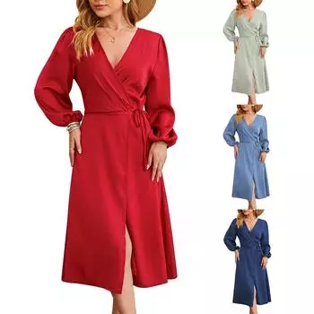 Женские сексуальные модные платья с v-образным вырезом на талии и длинным рукавом L синий